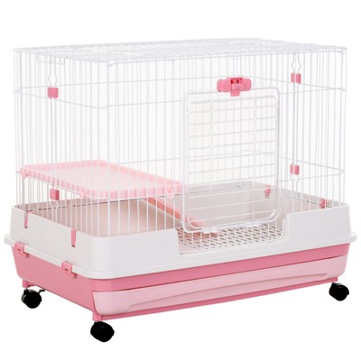 Pawhut 2-level Small Animal Cage Rabbit Hutch With Wheels, Removable ...