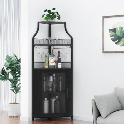 Whizmax Corner Wine Bar Cabinet with Detachable Wine Rack, Bar Cabinet with Glass Holder, Small Sideboard and Buffet Cabinet with Mesh Door