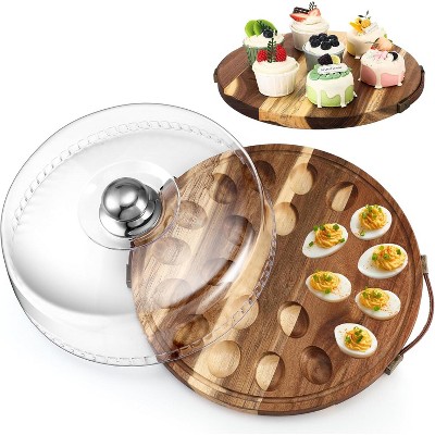 Wood Deviled Egg Platter with Lid 22 Holes Round, Charcuterie Board Food Serving Container for Countertop Easter Party