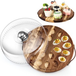 Wood Deviled Egg Platter with Lid 22 Holes Round, Charcuterie Board Food Serving Container for Countertop Easter Party - 1 of 4