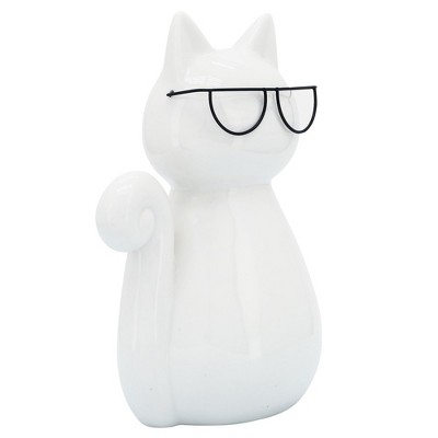 Sagebrook Home Cat with Glasses Sculpture - Contemporary Porcelain White and Black Cat Statue for Home or Office Decor
