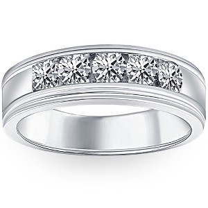 Pompeii3 1 Ct Mens Diamond 5-Stone Wedding Ring Channel Set Classic Ring 10k White Gold - 1 of 4