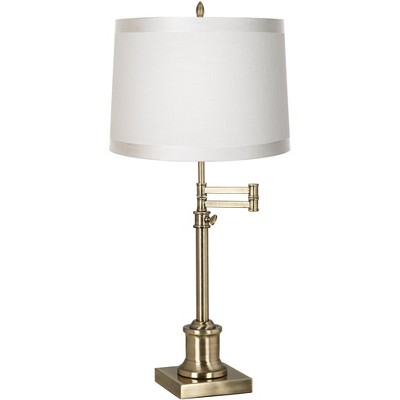 360 Lighting Traditional Swing Arm Desk Table Lamp Adjustable Height Antique Brass Off White Fabric Drum Shade Living Room Bedroom