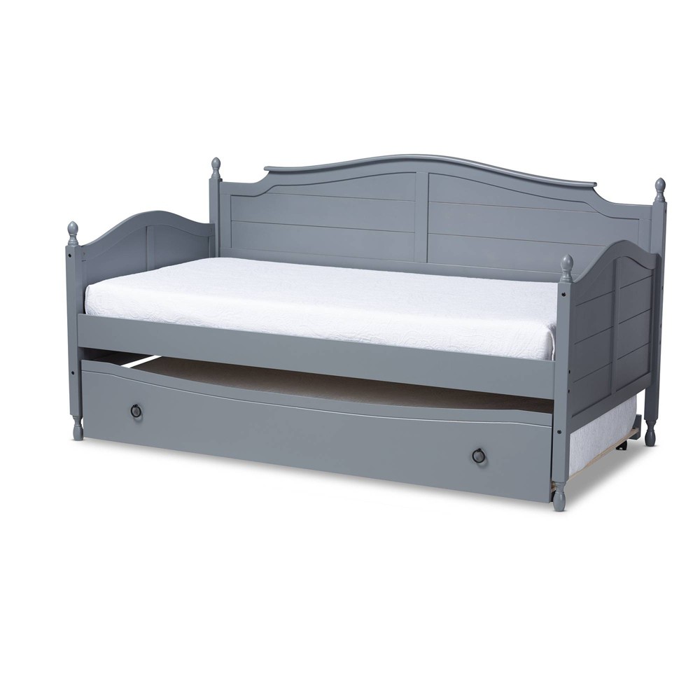 Photos - Bed Frame Twin Mara Wood Daybed with Trundle Gray - Baxton Studio