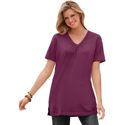 Woman Within Women's Plus Size Perfect Short-Sleeve Shirred V-Neck Tunic