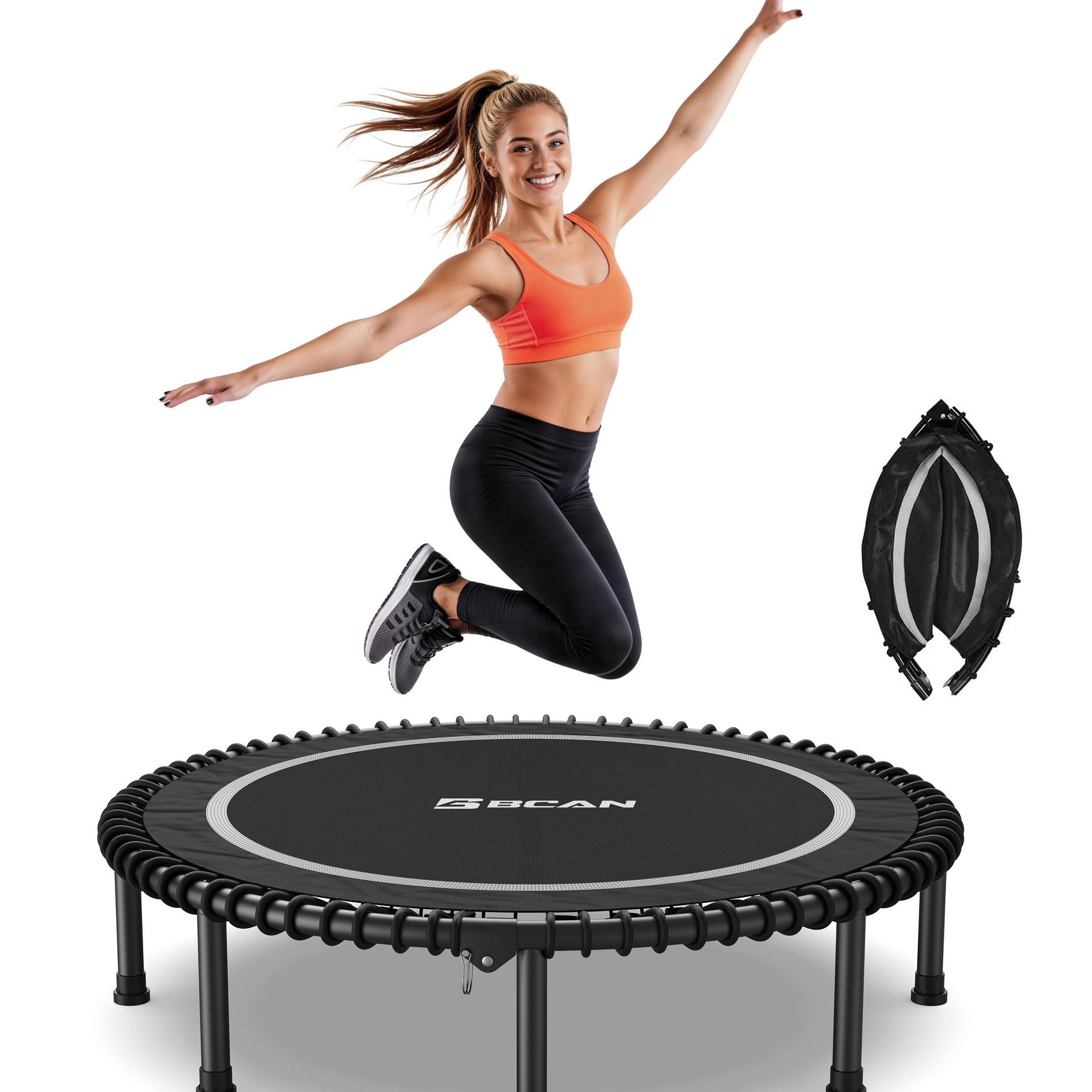 BCAN 450LBS/550LBS Foldable Mini Trampoline, 40"/48" Adult Fitness Trampoline with Durable Bungees, Great Mini Rebounder for Indoor/Garden Workout