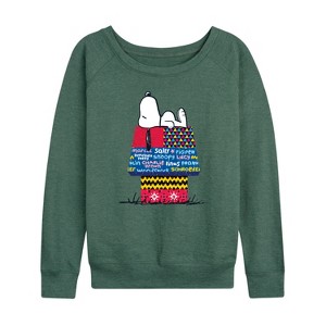 Women's - Peanuts - Snoopy Patchwork Doghouse Lightweight French Terry Wide Neck Long Sleeve Shirt - 1 of 4