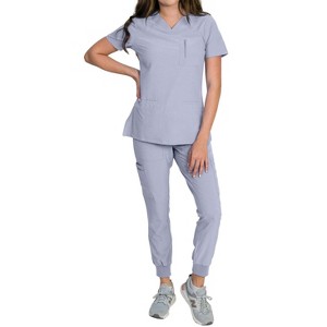Medgear Fleur Women's Stretch Scrub Set with Zip Chest Pocket Top and Knit Rib Cuffs Jogger Pants - 1 of 4