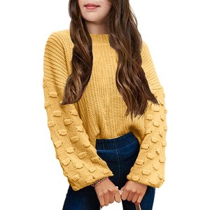 Girls Crewneck Knit Pullover Sweaters Long Lantern Sleeve Oversized Knit Cute Jumper Tops - 1 of 4
