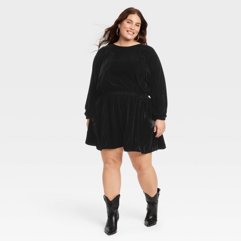 Women's Long Sleeve Velvet Mini A-Line Dress - Universal Thread™ Black - image 1 of 3