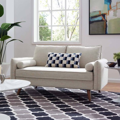 Beige Fabric Loveseat with Walnut Wood Legs