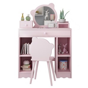 Kids Vanity Set, 2-In-1 Princess Dressing Table & Stool Set, Bear-Shaped Mirror & Stool, Children Makeup Dressing Table for Play Room Bedroom - 1 of 4