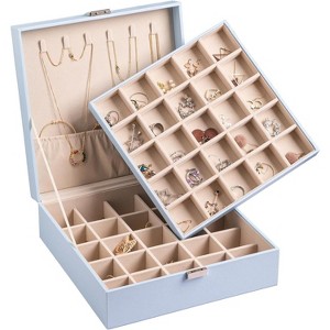 2-Layer Earring Holder with 50 Slots, PU Leather Jewelry Organizer & Storage Box for Earrings and Necklaces, Black - 1 of 4