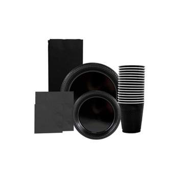 JAM Paper Party Supply Assortment Black Plates (2 Sizes) Napkins (2 Sizes) Cups & Tablecloth 6