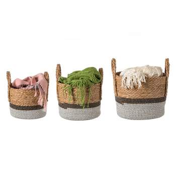 Vintiquewise Straw Decorative Round Storage Basket Set of 3 with Woven Handles for the Playroom, Bedroom, and Living Room