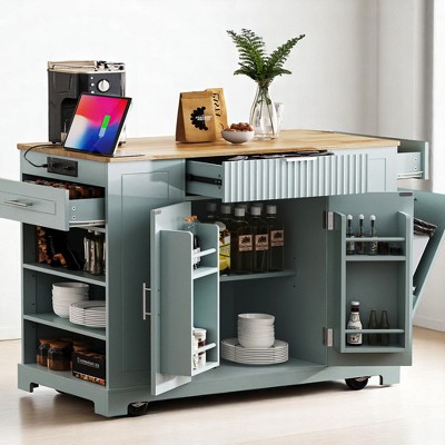 Fluted Kitchen Island Cart Cabinet, USB & Type-C Ports, 3 Drawers, Rubber Wood Top, Rolling Storage Cabinet,Kitchen and Dining Cabinets