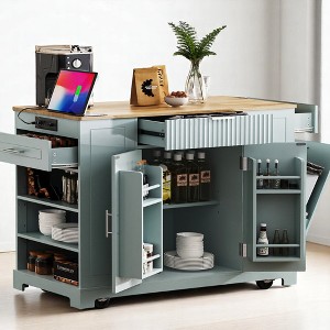 Fluted Kitchen Island Cart Cabinet, USB & Type-C Ports, 3 Drawers, Rubber Wood Top, Rolling Storage Cabinet,Kitchen and Dining Cabinets - 1 of 4