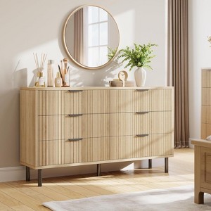 Fluted 6 Drawer Dresser, Modern Wooden Two Drawer Storage Chest with Metal Feet and Handles, Anti-tip Design, Bedroom, Living Room, Hallway - 1 of 4