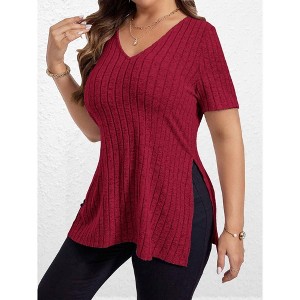 Clearlove Womens Plus Size Tops V Neck Short Sleeve Shirts Split Hem Color Summer Casual Blouses Pullover Fitted Tops Textured - 1 of 2
