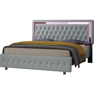 Bed Frame with Led Lights Headboard, Acrylic Mirror Accents - 1 of 4