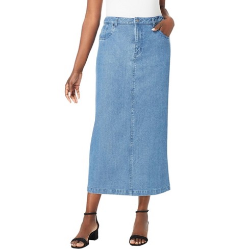 Jessica London Women's Plus Size Classic Cotton Denim Midi Skirt Pockets  Long Jean Skirt - 12, Light Wash Blue