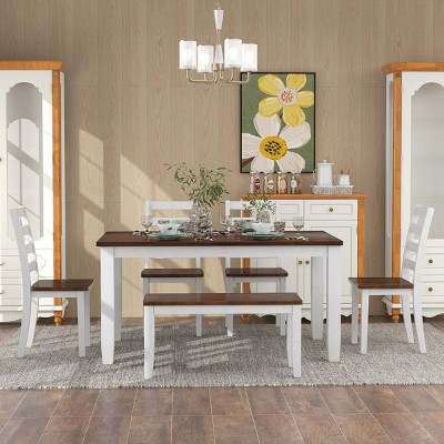 Rustic Style Dining Sets 6 Piece, Dining Sets Bench, Dining Set Solid Wood With Upholstered Chairs And Bench-Cuddlewood