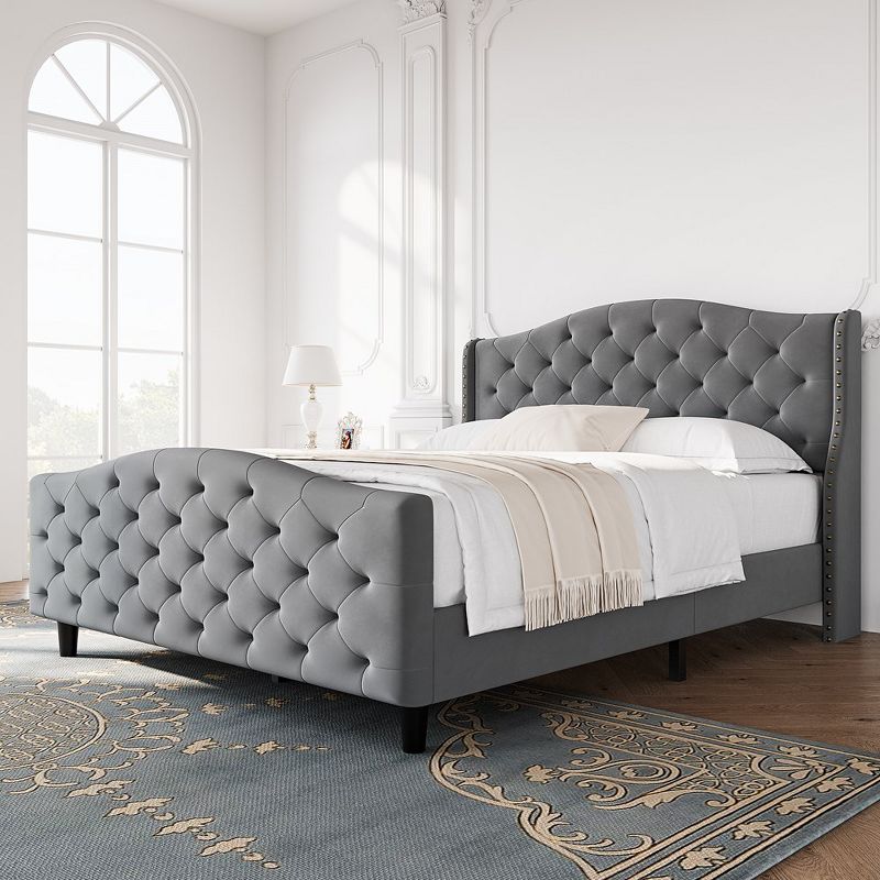 Whizmax Tufted Upholstered Platform qUEEN Bed Frame with Headboard and Footboard, Velvet Platform Bed Raised Wing Back Headboard, Grey, 1 of 8