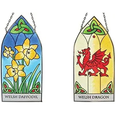Slickblue Set of 2 Hanging Glass Panels – Welsh & Scottish Symbols for Home Accent or Gift Idea