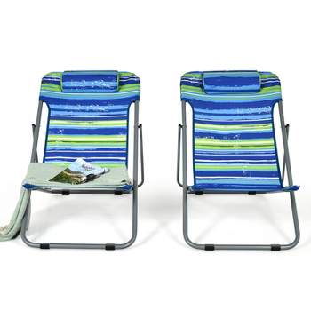 Costway 3-piece Beach Lounge Chair Mat Set 2 Adjustable Lounge Chairs With  Table Blue\stripe 