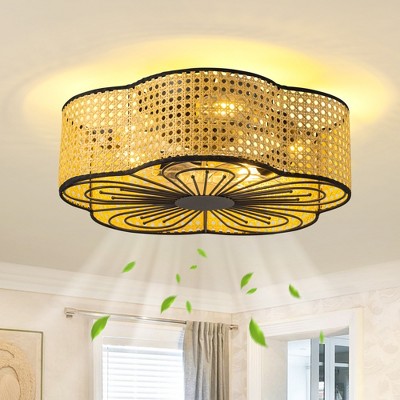 Ludomide 20’’ Rattan Flush Mount Ceiling Fan with Lights and Remote, Boho Woven Drum Ceiling Fan Light Fixture for Kitchen, Flower Shaped
