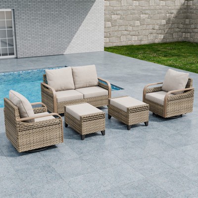 5-Piece Brown Wicker Outdoor Sofa Seating Group with Gray Cushions