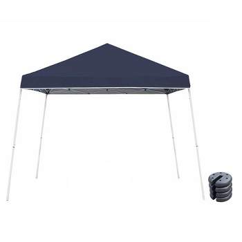 Z-Shade Angled Leg Canopy Tent with Push Button Locking System and 4 Pack of 5 Pound Plastic Concrete Filled Leg Weight Plates, Navy