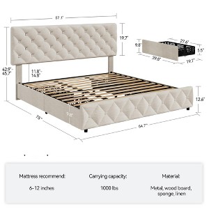 Linen Upholstered Platform Bed Frame with Adjustable Headboard and 4 Storage Drawers, Full Queen King Size, Diamond Stitched Button Tufted - 1 of 4