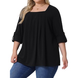 Agnes Orinda Women's Plus Size  Long Sleeve Button Square Neck Flowy Pleated Loose Tunic Blouse - 1 of 4