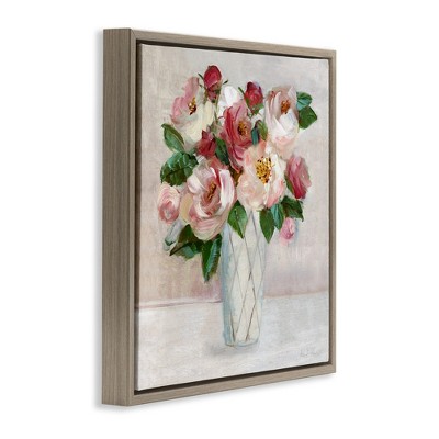 Pink and Red Rose Bouquet Canvas Print with Brown Frame