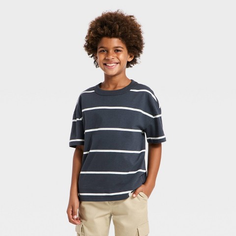 Cat & Jack Boys' Short Sleeve Striped Oversized T-Shirt - Cat & Jack™ Charcoal Gray S