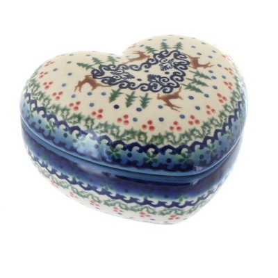 Blue Rose Polish Pottery Reindeer Delight Large Heart Box