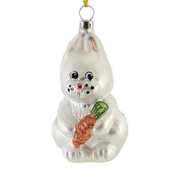 Holiday Ornament Bunny Holding Carrott  -  One Ornament 3.5 Inches -  Rabbit Easter Christmas  -  Of17224  -  Glass  -  White