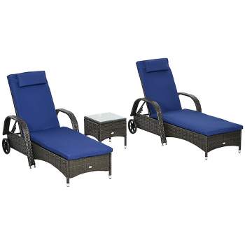 Outsunny Chaise Lounge Set of 2 with 5 Angle Backrest, Wheels, Armrests, Table, Cushions, PE Rattan Wicker Chairs, 3-Piece Pool Furniture Set, Blue