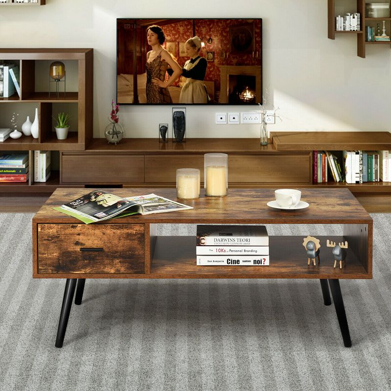 Costway Retro Coffee Table Mid Century Modern Living Room Furniture w/Open Storage Shelf, 3 of 11