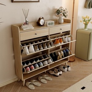 Rattan Shoe Storage Cabinet with 4 Flip Drawers & 2 Slide Drawers, Freestanding Wooden Shoe Organizer for Entryway, Hallway and Foyer - 1 of 4