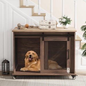 37" Wooden Dog Crate Furniture with Movable Divider & Flip Top, Side End Table with Wheels, Large Dog Home for Stylish Interiors - 1 of 4