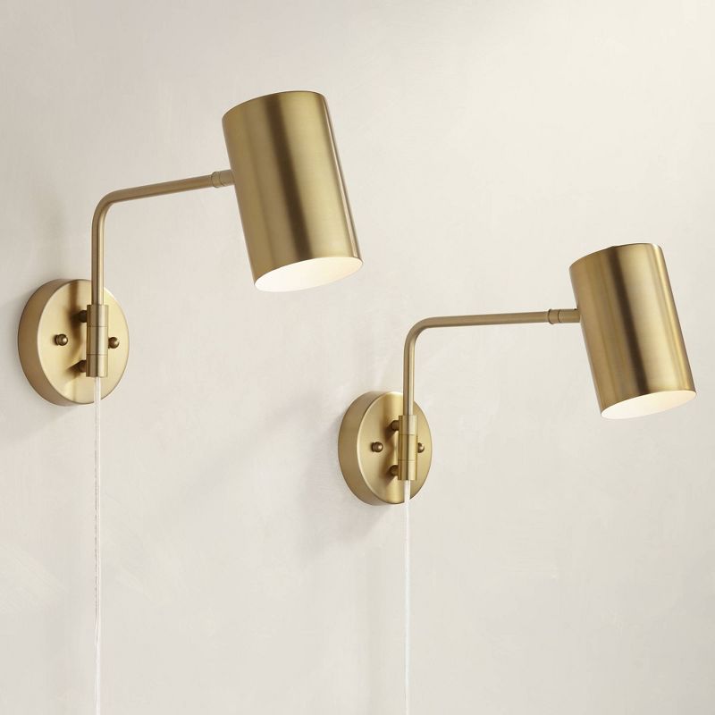 360 Lighting Carla Modern Swing Arm Wall Lamps Set of 2 Brushed Brass Plug-in Light Fixture Up Down Cylinder Shade for Bedroom Bedside Living Room, 2 of 10