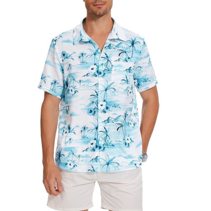 Men's Hawaiian Shirt Short Sleeve Linen Button Down Shirts Casual Floral Printed Beach Shirts with Pocket, 1 of 8