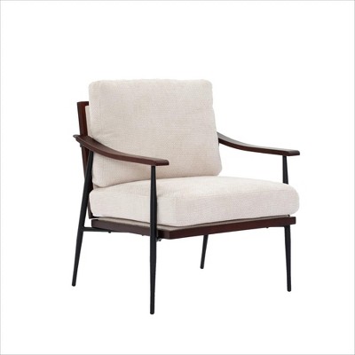 Modern Accent Chair, Mid Century Modern Accent Chairs, Linen Fabric Arm Chair with Wood Armrests, Upholstered Leisure Chair for Living Room, Bedroom