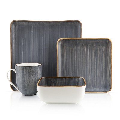 Gray Square Porcelain 16-Piece Dinnerware Set with Trim