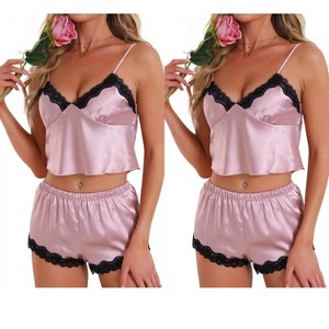 INSPIRE CHIC Women's 4 Pcs Loungewear Satin Lace Sleeveless Spaghetti-Strap Removable Pad Cami & Shorts Pajama Set - 1 of 4