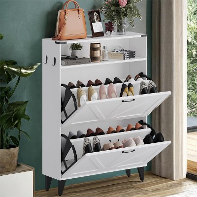 Shoe Cabinet with 2 Flip Drawers, Farmhouse Freestanding Shoes Organizer with Metal Legs, Narrow Shoe Rack Cabinet, Slim Shoes Storage Cabinet