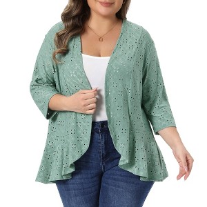 Women's Plus Size Eyelet Open Front 3/4 Sleeve Draped Ruffle Netted Knit Casual Cardigans - Agnes Orinda - 1 of 4