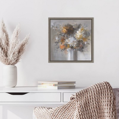 16"x16" Gray and White Floral Canvas Wall Art with Polystyrene Frame